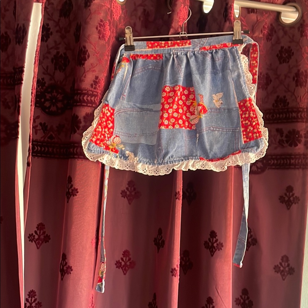 3/$20 Vintage Denim Kids Blue and Red Apron W/ White Eyelet Trim